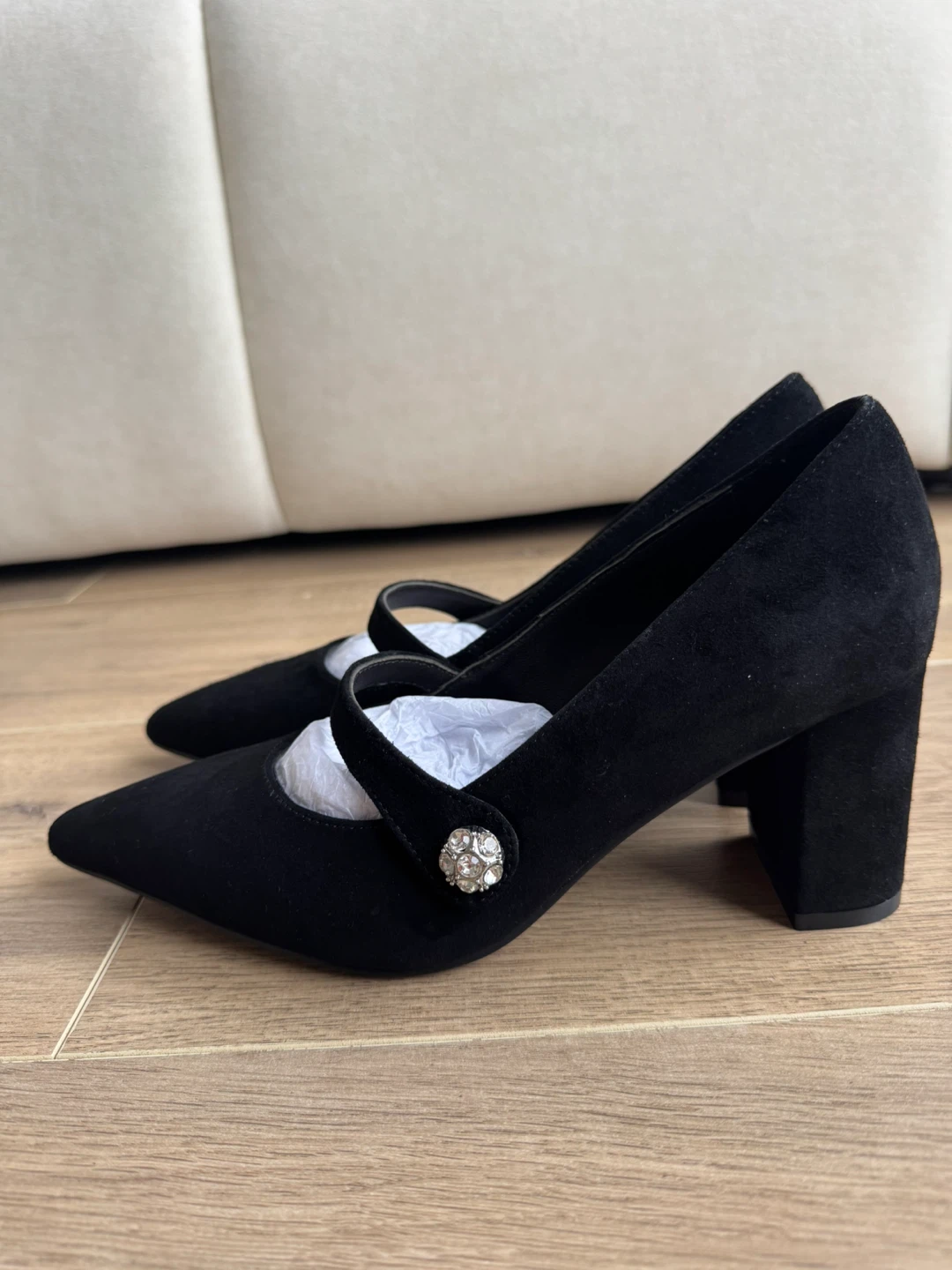 SW Black Suede Mary Jane Heels with Crystal Embellishment - photo 3
