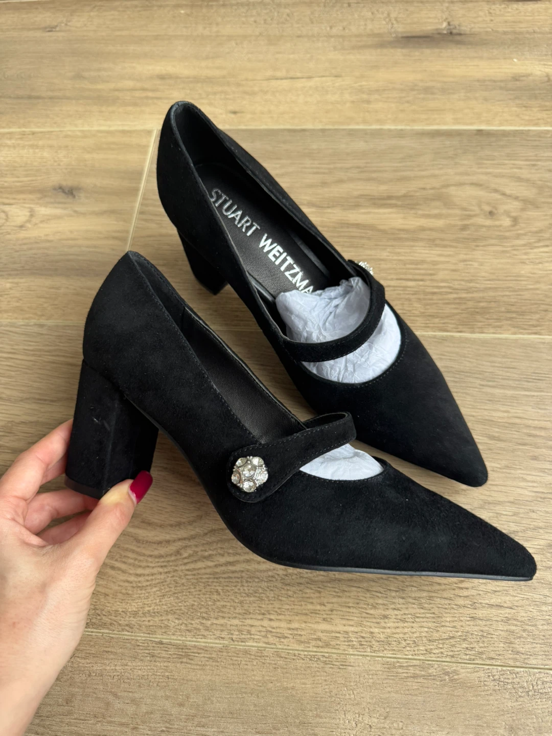 SW Black Suede Mary Jane Heels with Crystal Embellishment - photo 4