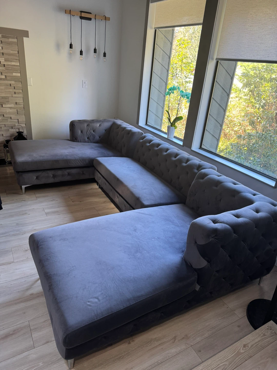 Grey Velvet Sectional Sofa with Tufted Detailing