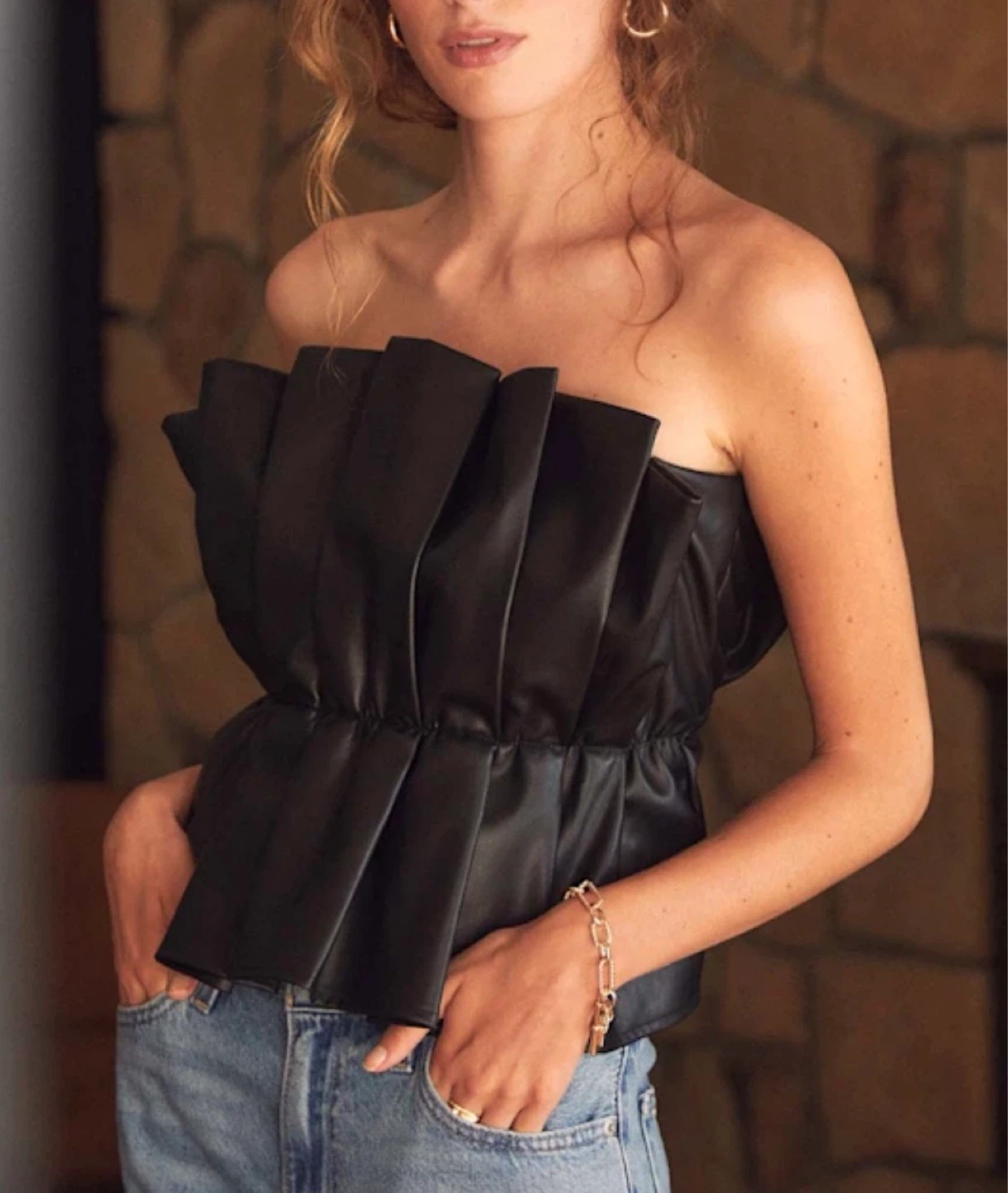 DO+BE Black Faux Leather Ruffle Top - Size S