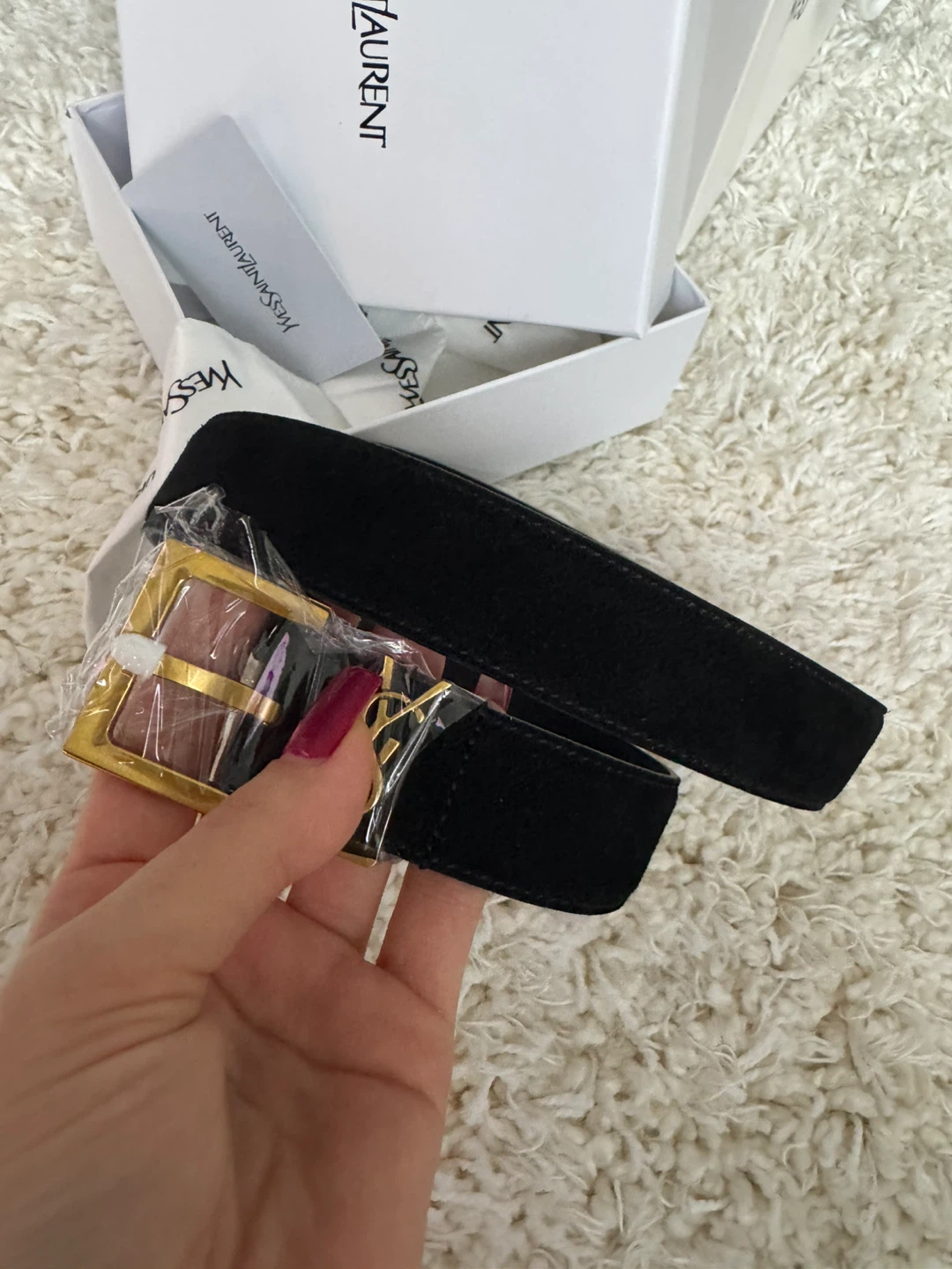 Y Suede Belt with Gold Buckle