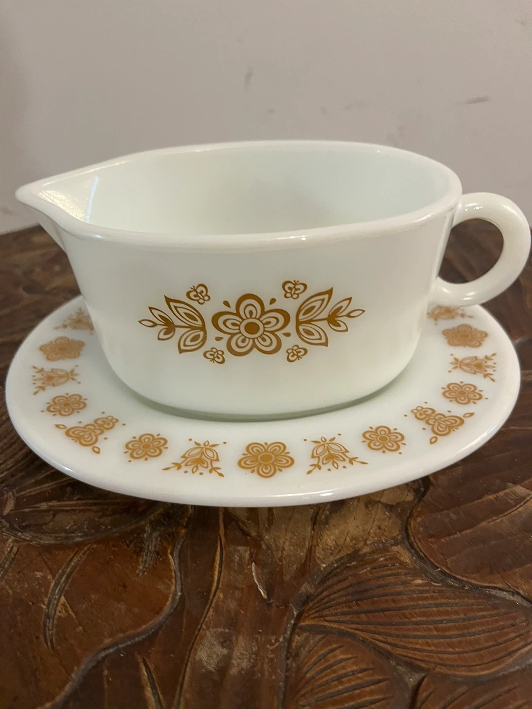 Vintage White Pyrex Gravy Boat with Gold Floral Pattern
