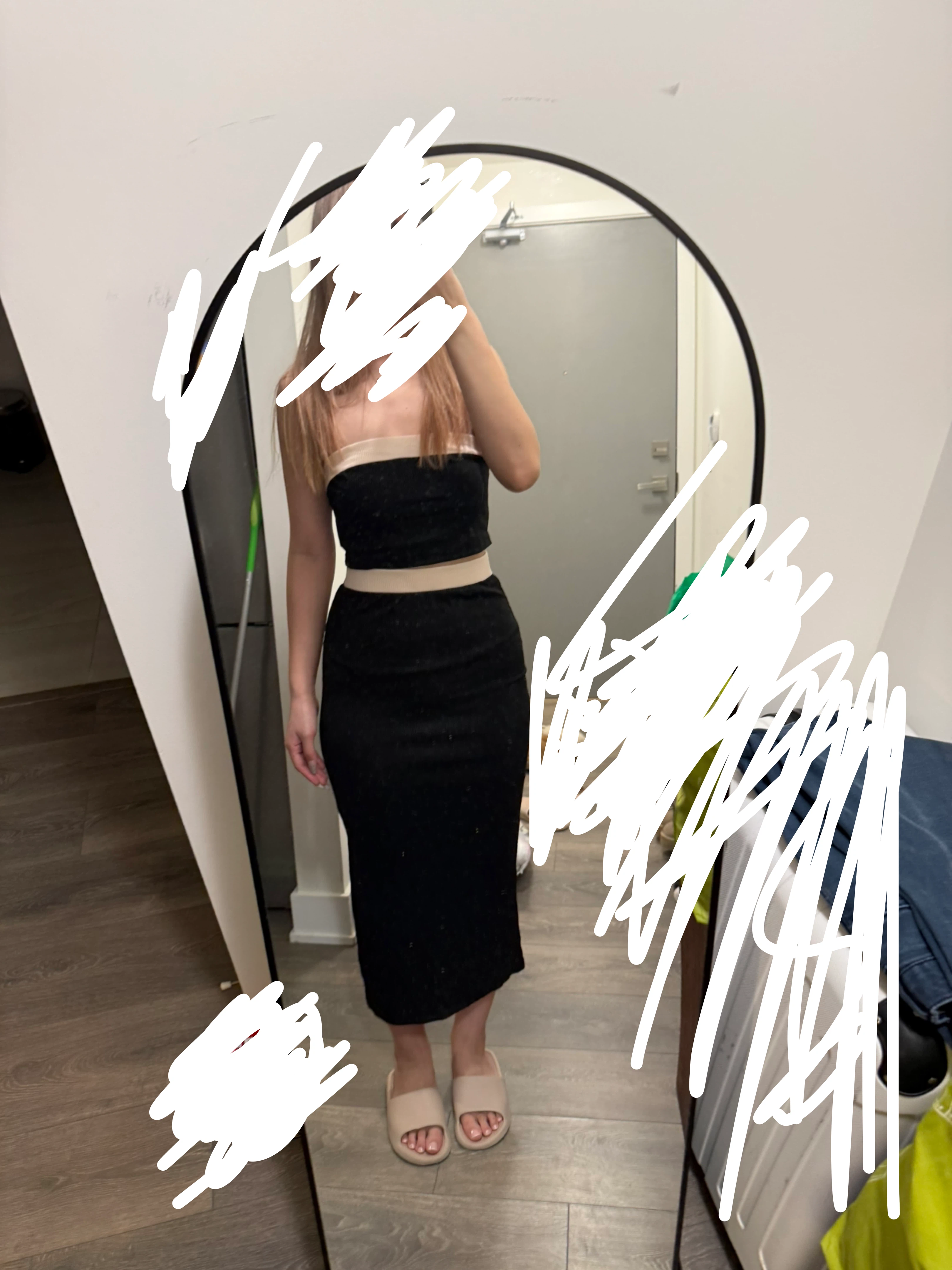 Black Strapless Midi Dress with Nude Trim