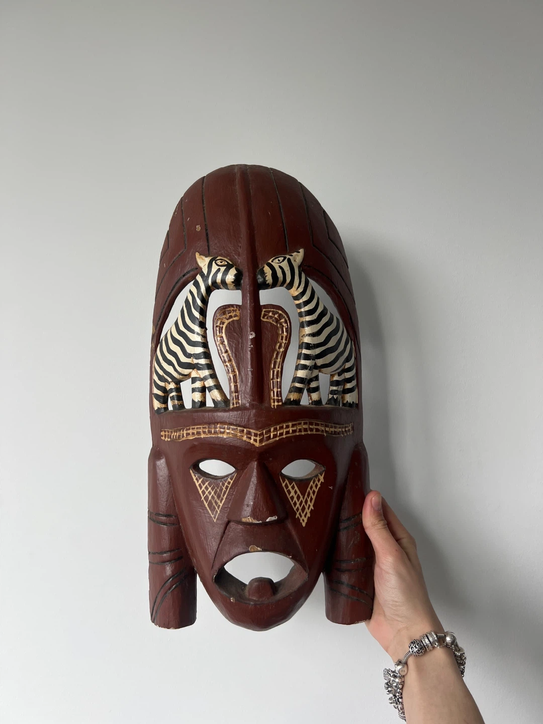 Wooden African Mask with Zebra Detail