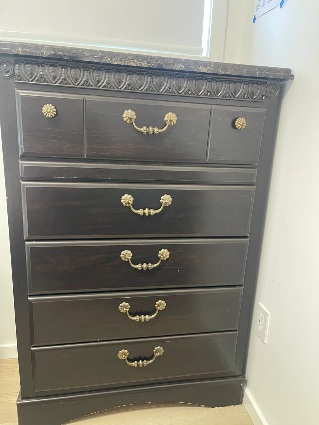 Dark Brown 6-Drawer Dresser with Ornate Handles