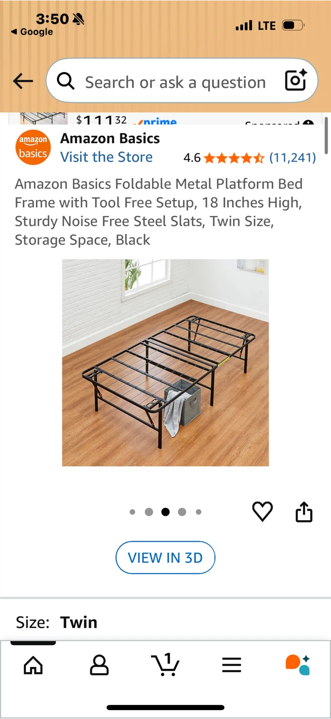 Amazon Basics Foldable Metal Platform Bed Frame, Twin, Black