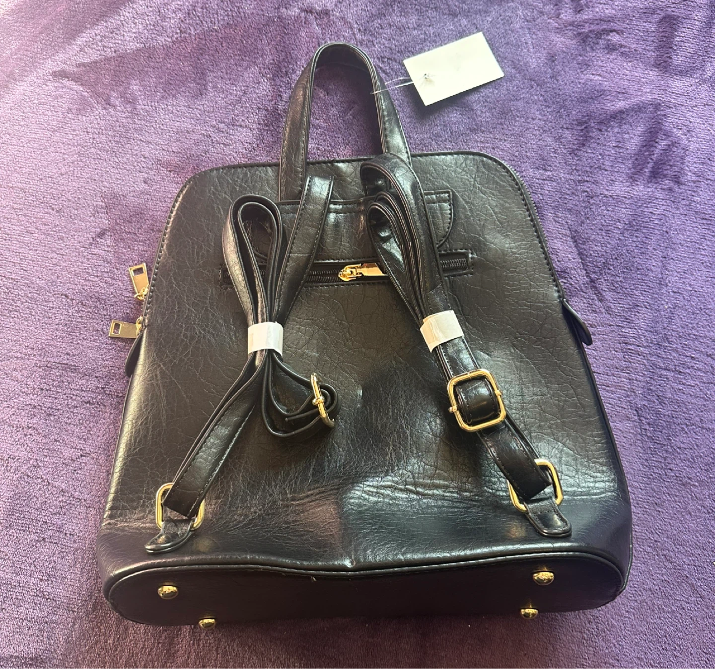 Black Faux Leather Backpack with Gold Zipper