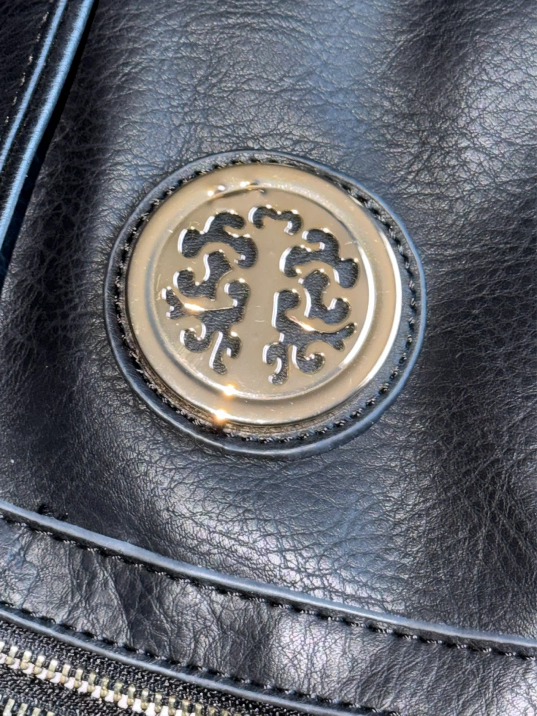 Black Faux Leather Crossbody Bag with Gold Emblem