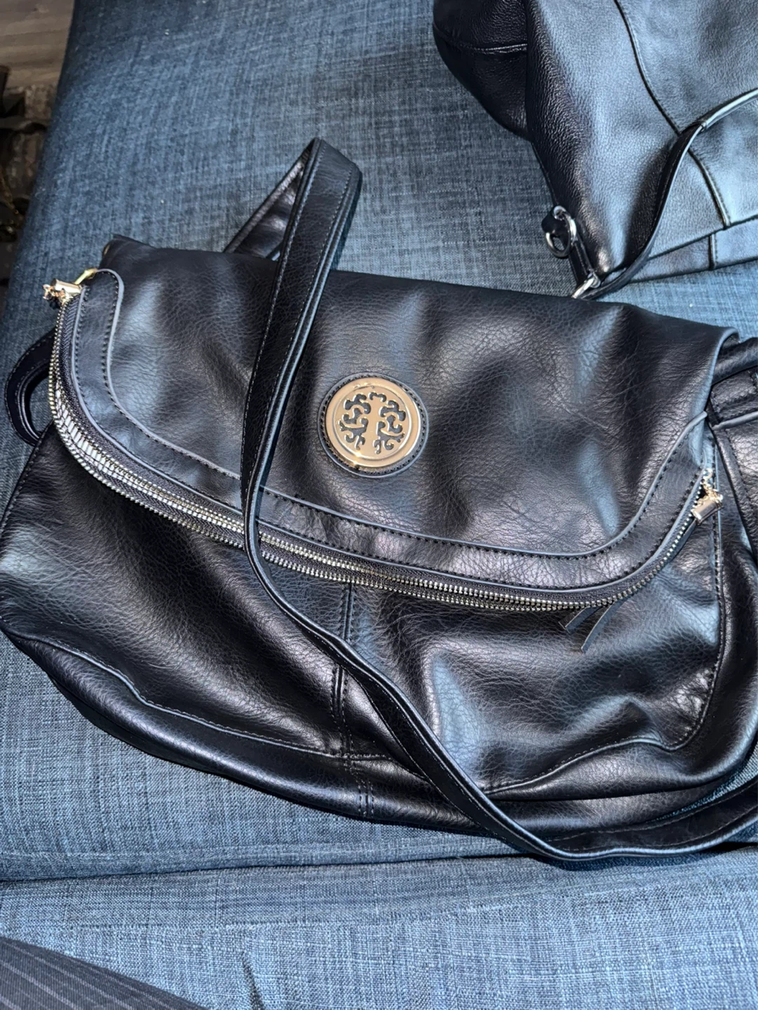 Black Faux Leather Crossbody Bag with Gold Emblem - photo 2