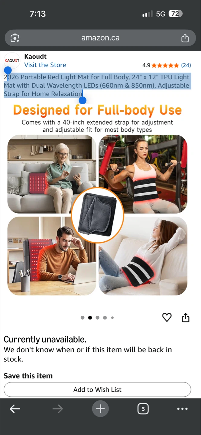 Portable Red Light Mat for Full Body 24" x 12"
