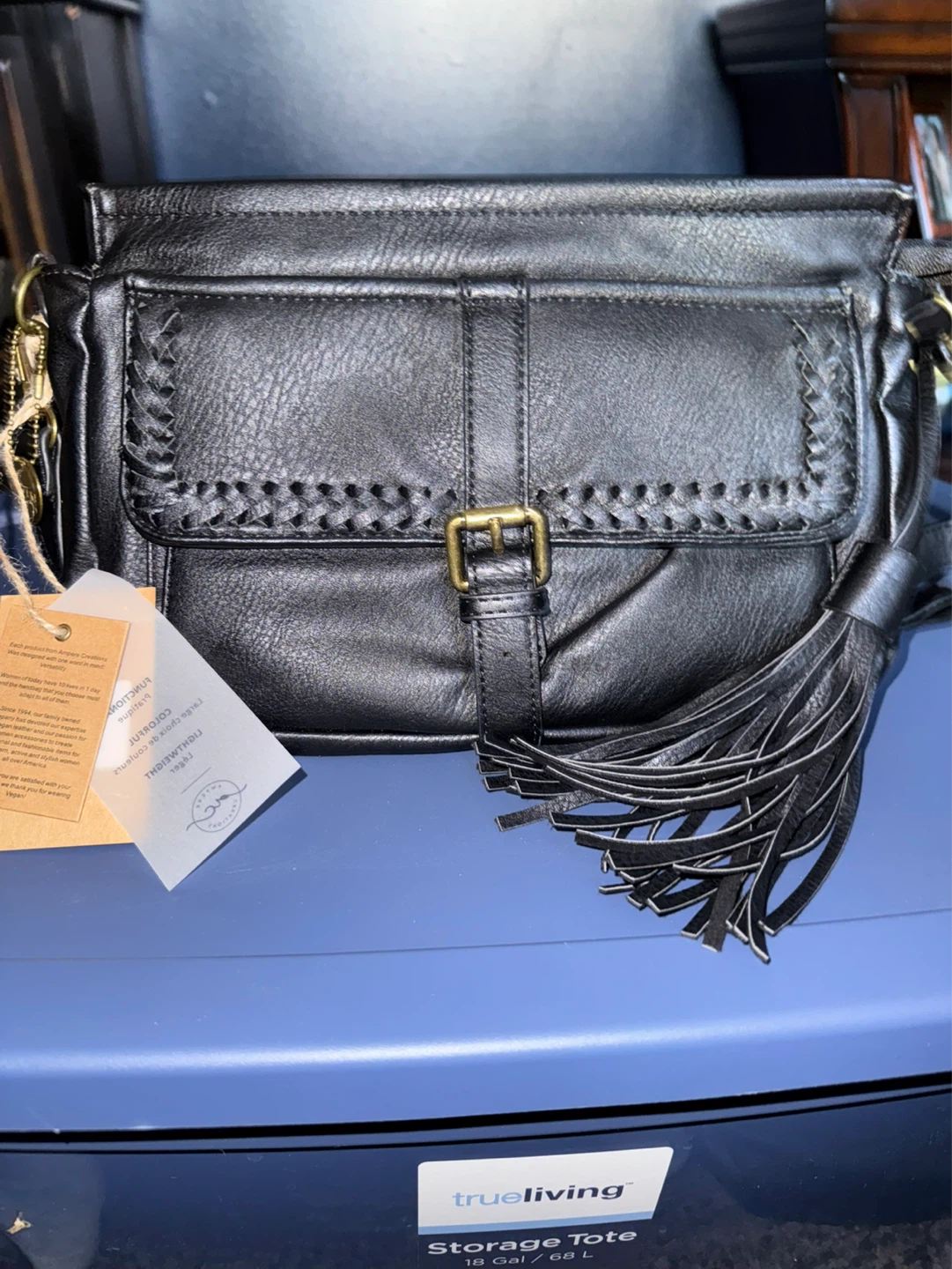 Black Faux Leather Crossbody Bag with Tassel - photo 2