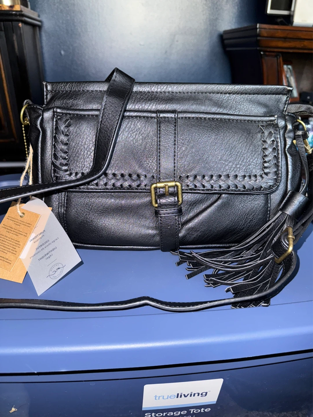 Black Faux Leather Crossbody Bag with Tassel