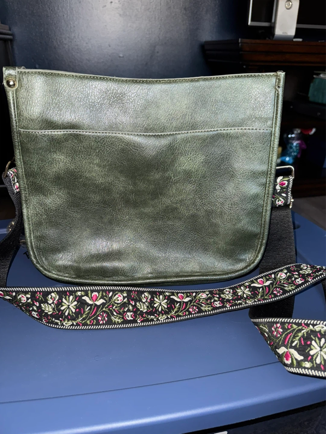Green Faux Leather Crossbody Bag with Floral Strap