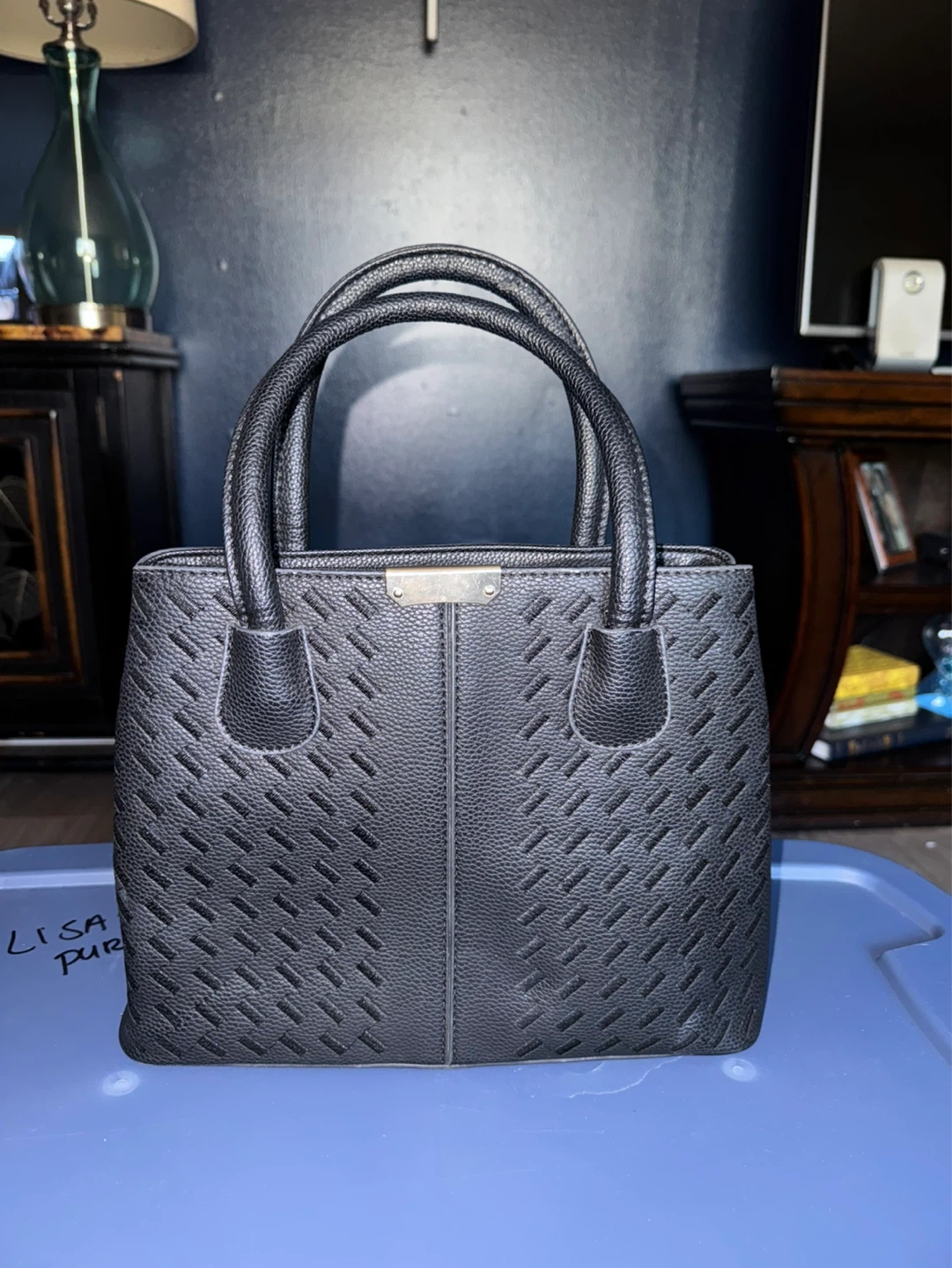 Black Textured Tote Handbag