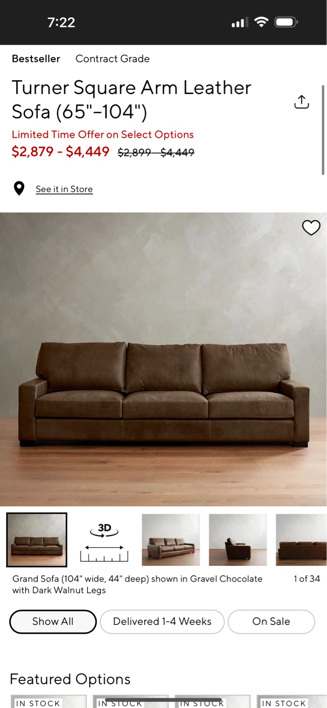 Pottery Barn Turner Square Arm Leather Sofa (65"-104")