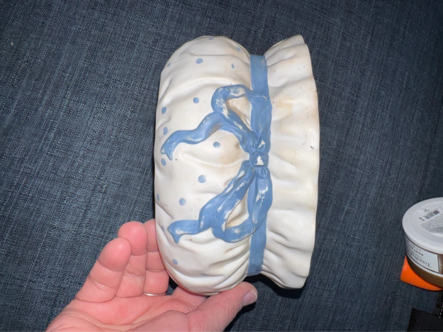 White Ceramic Bonnet with Blue Polka Dots and Bow