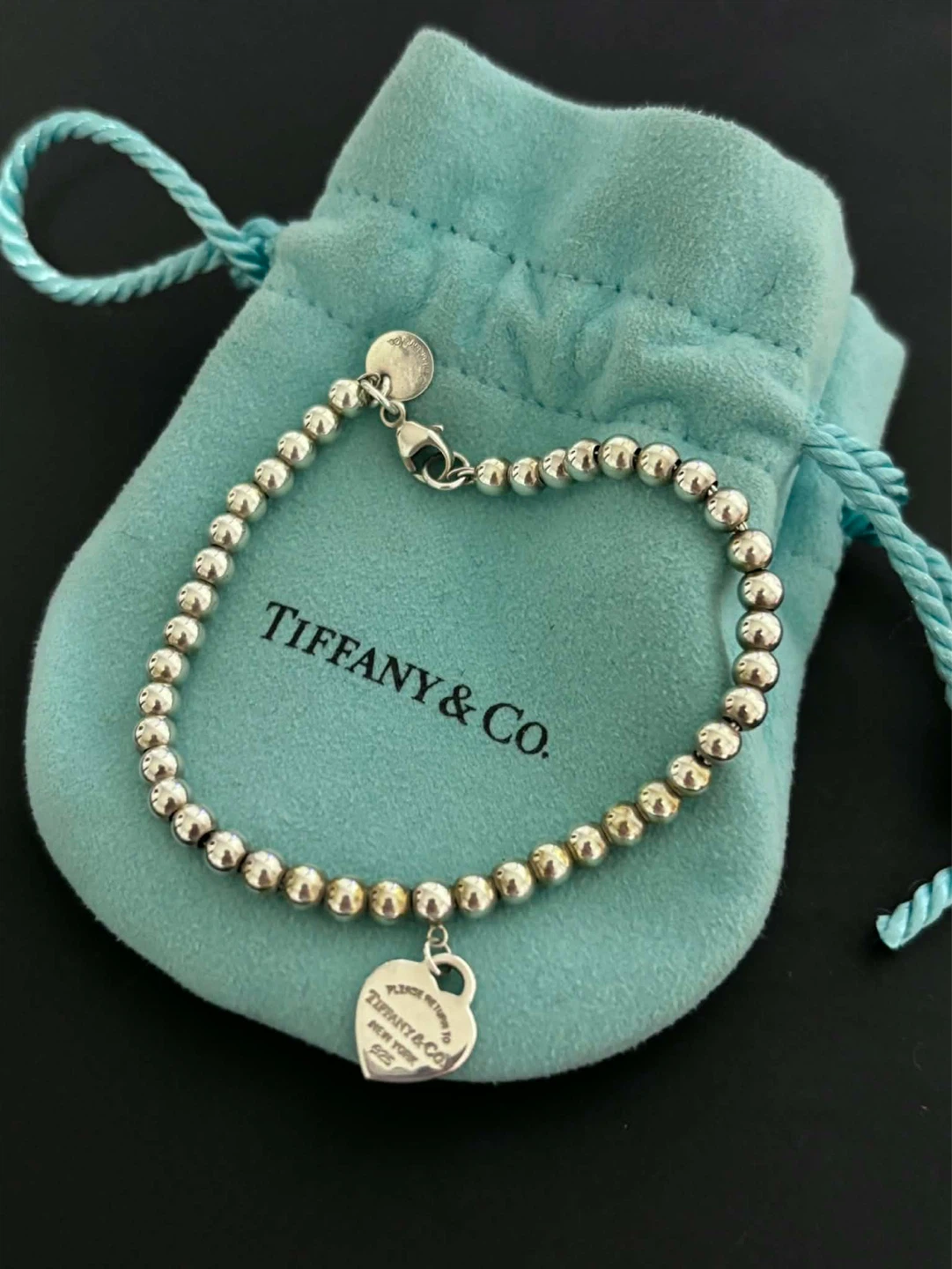 Tiffany & Co. Sterling Silver Heart Charm Beaded Bracelet