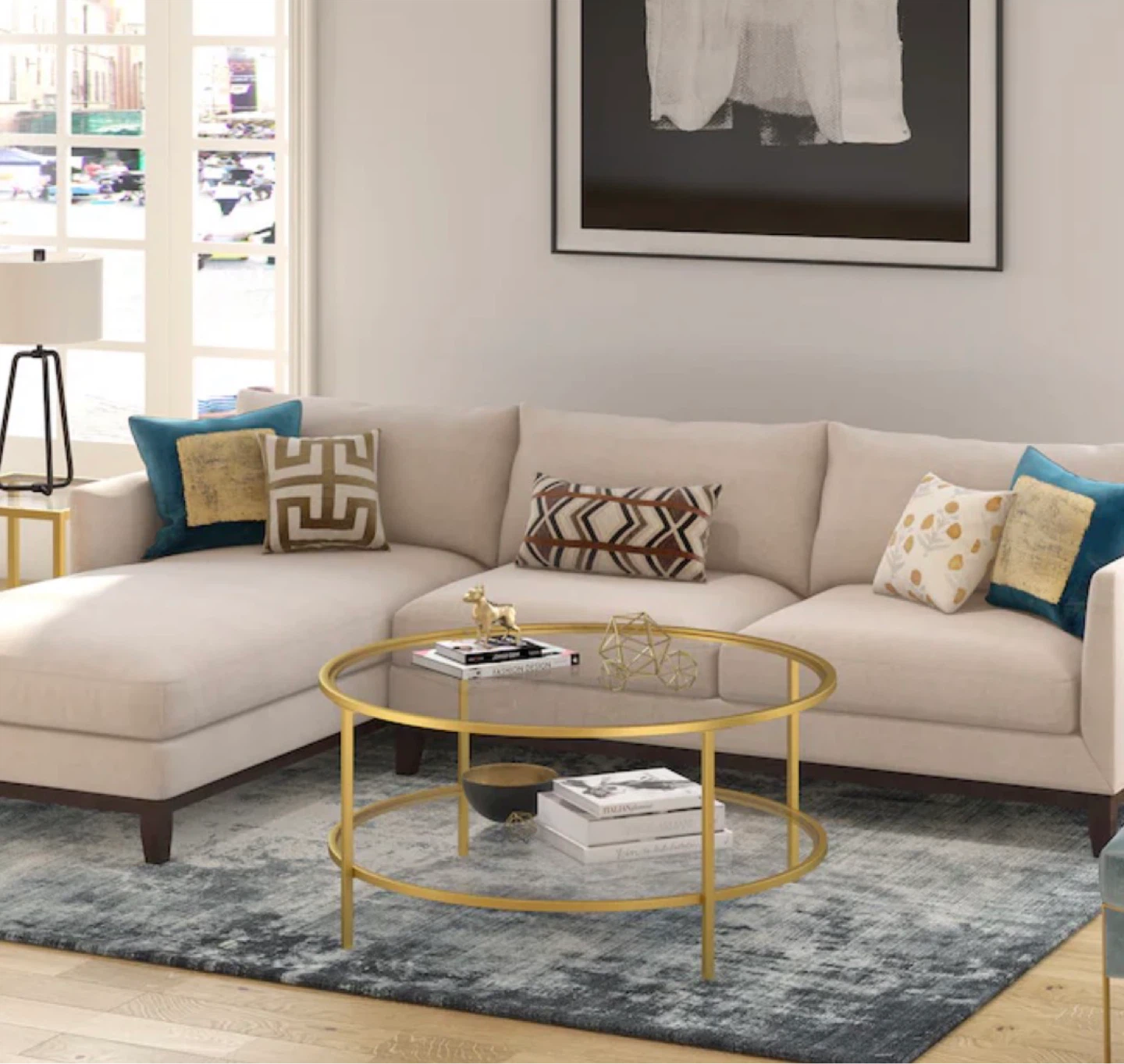 Round Coffee Table with Glass Shelves - Brass Finish