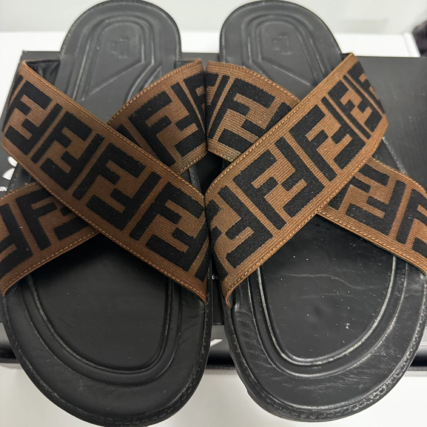 Fendi FF Logo Slides - Black/Brown~size 12