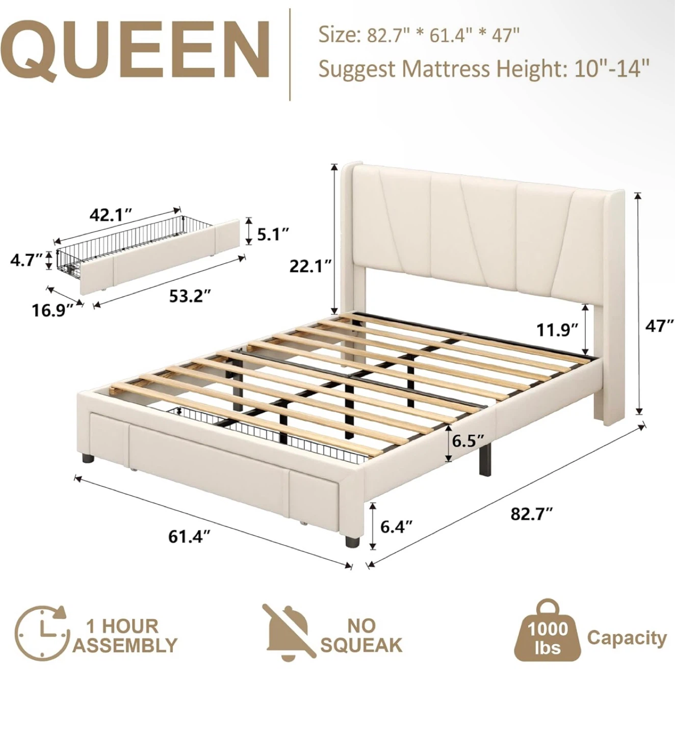 Queen Upholstered Platform Bed Frame with Drawers - photo 3