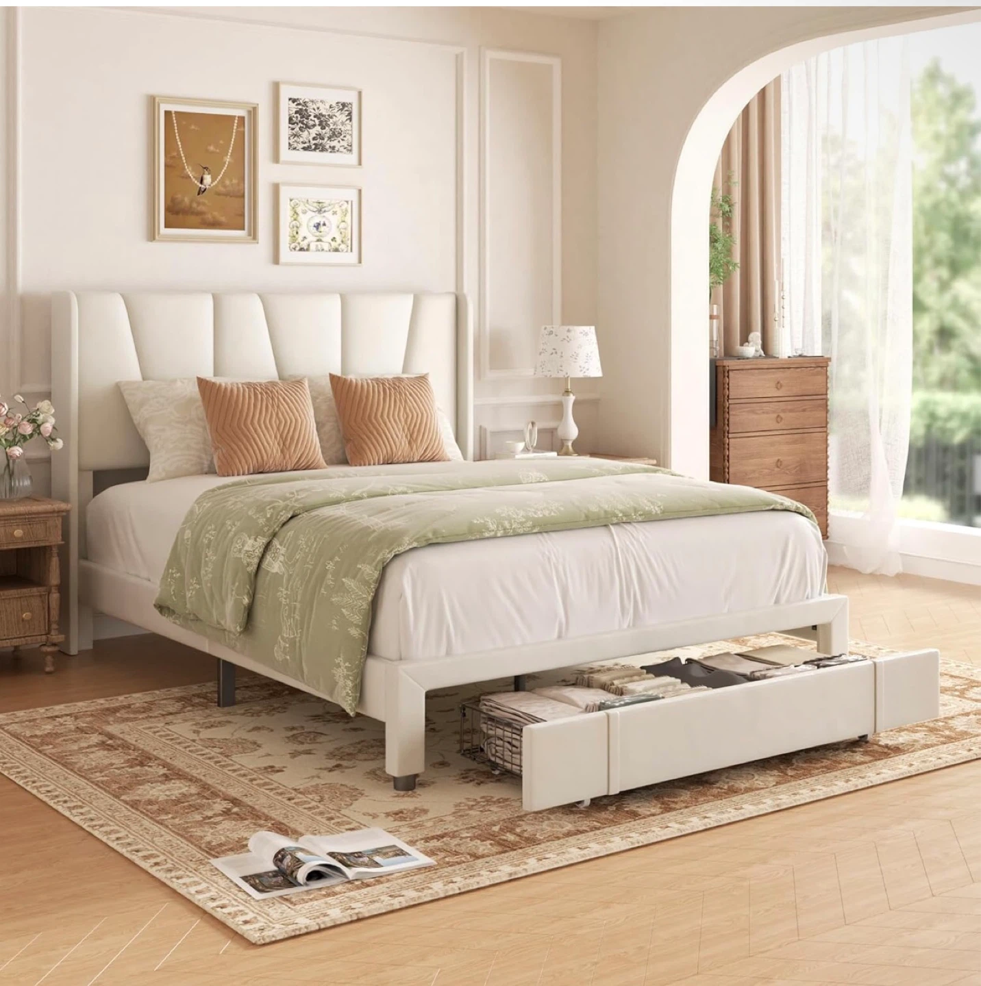 Queen Upholstered Platform Bed Frame with Drawers