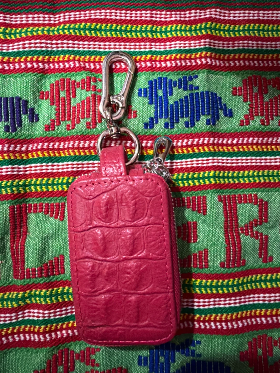 Pink Crocodile Embossed Leather Key Holder with Zipper - photo 2