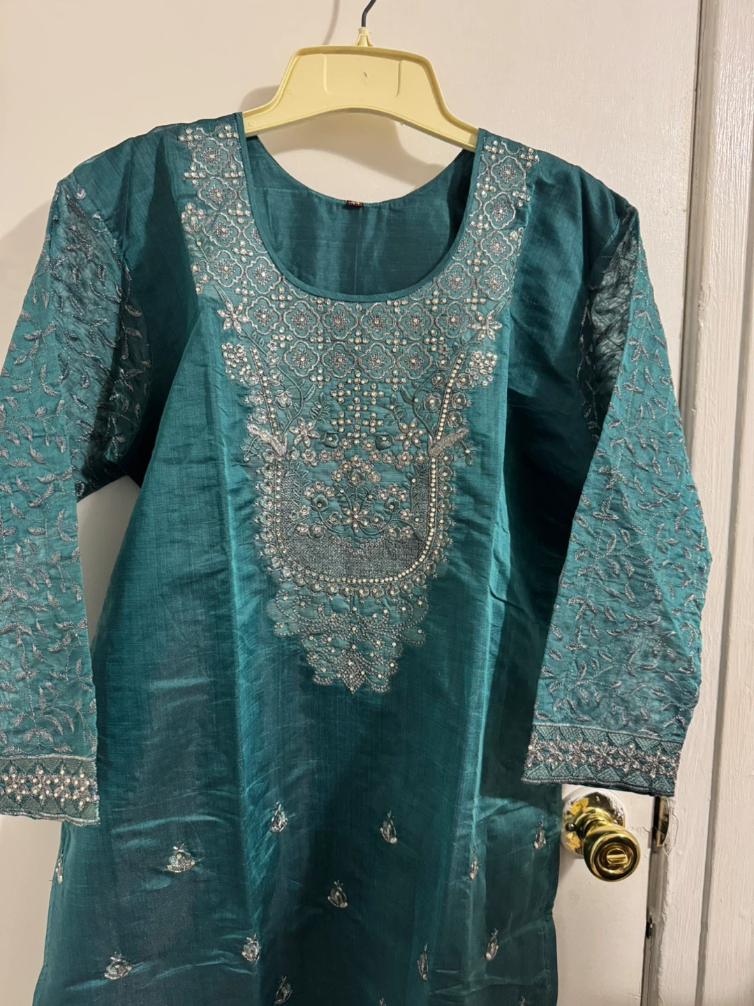 Teal Embroidered Kurti with Dupatta & pajama