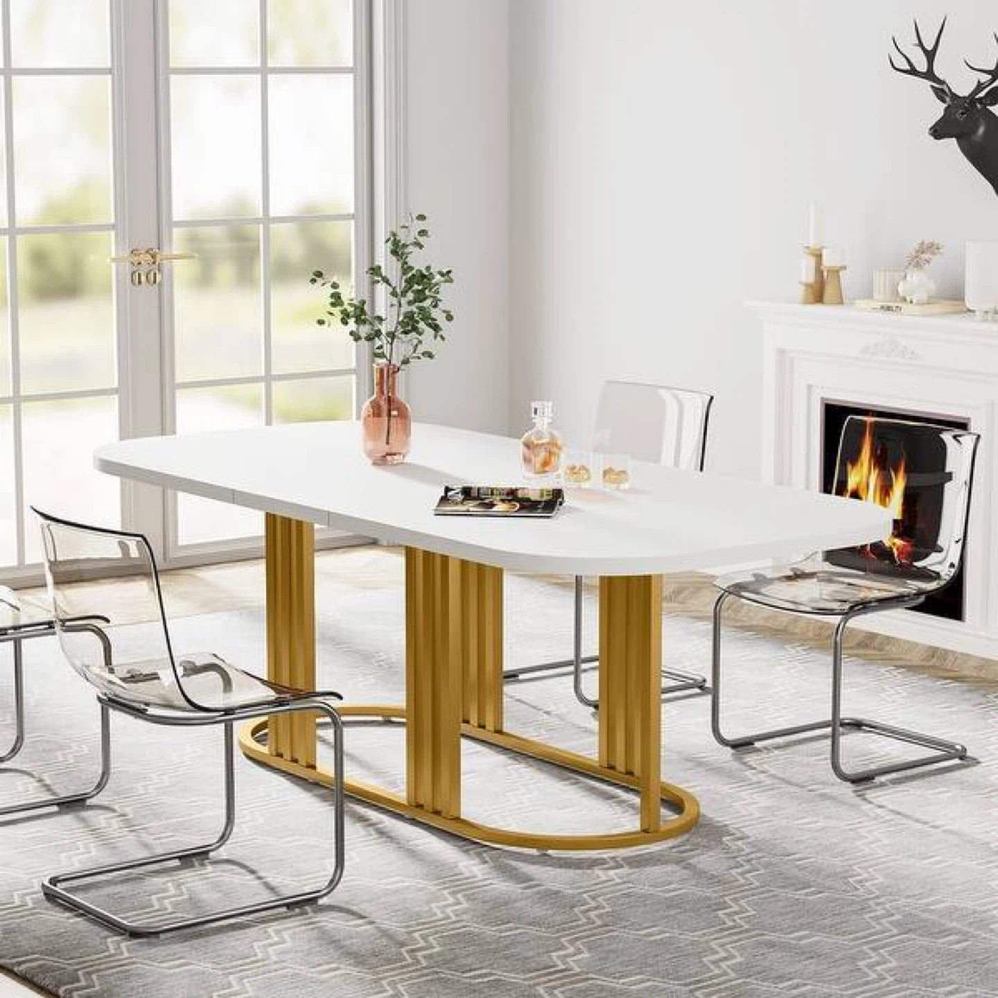 White Oval Dining Table with Gold Base - photo 4