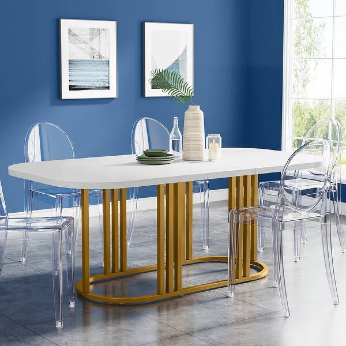 White Oval Dining Table with Gold Base