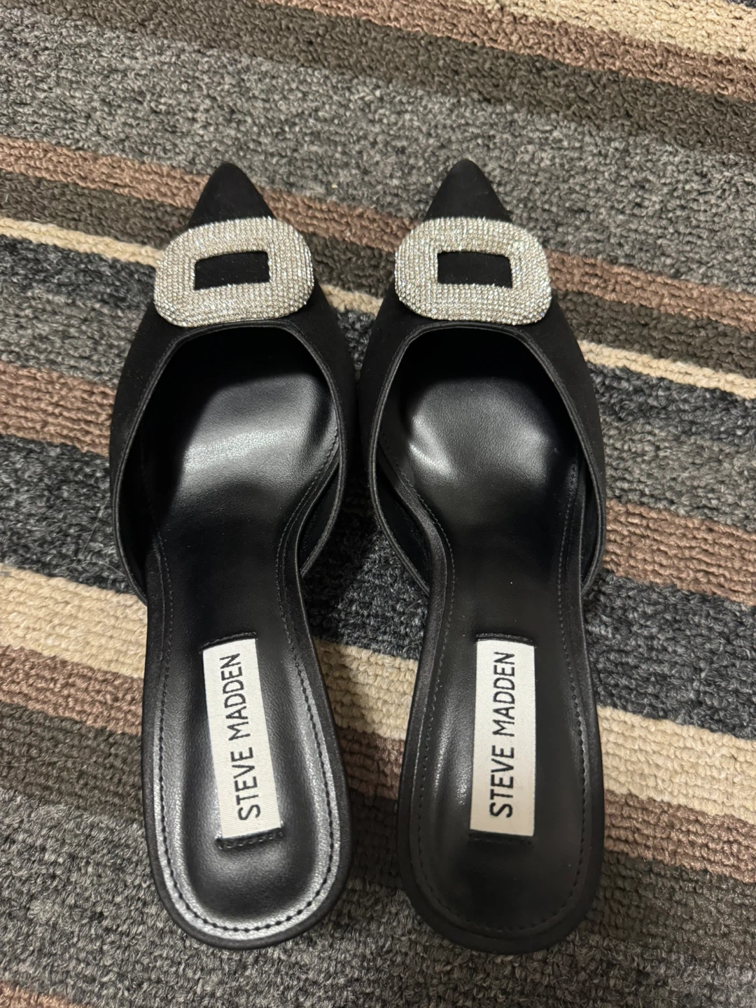 Steve Madden Black Mules with Rhinestone Buckle - Size 7.5