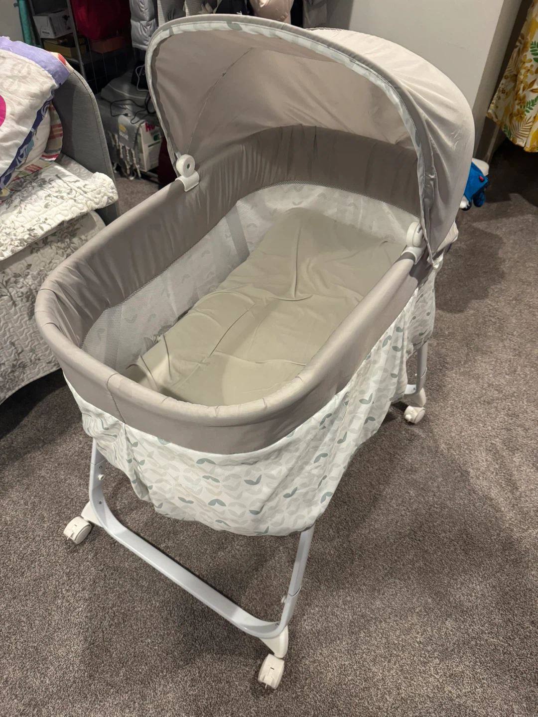Grey Bassinet with Canopy and Wheels