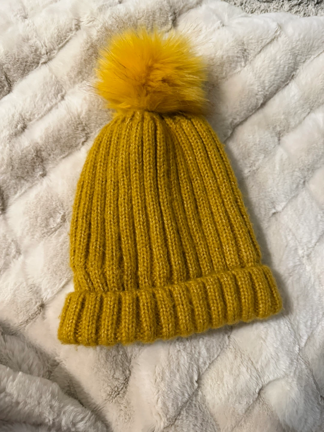 Yellow Pom Pom Beanie with Sherpa Lining