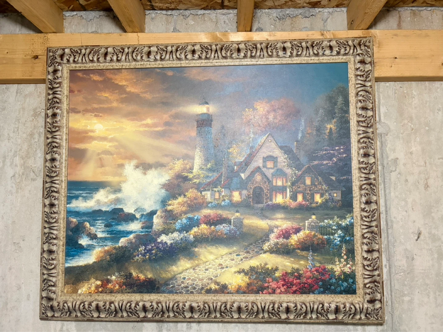 Framed Lighthouse and Cottage Landscape Painting