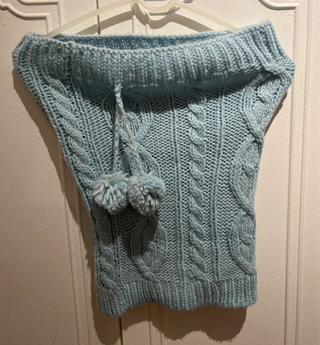 Light Blue Cable Knit Neck Warmer Cowl with Pom Poms