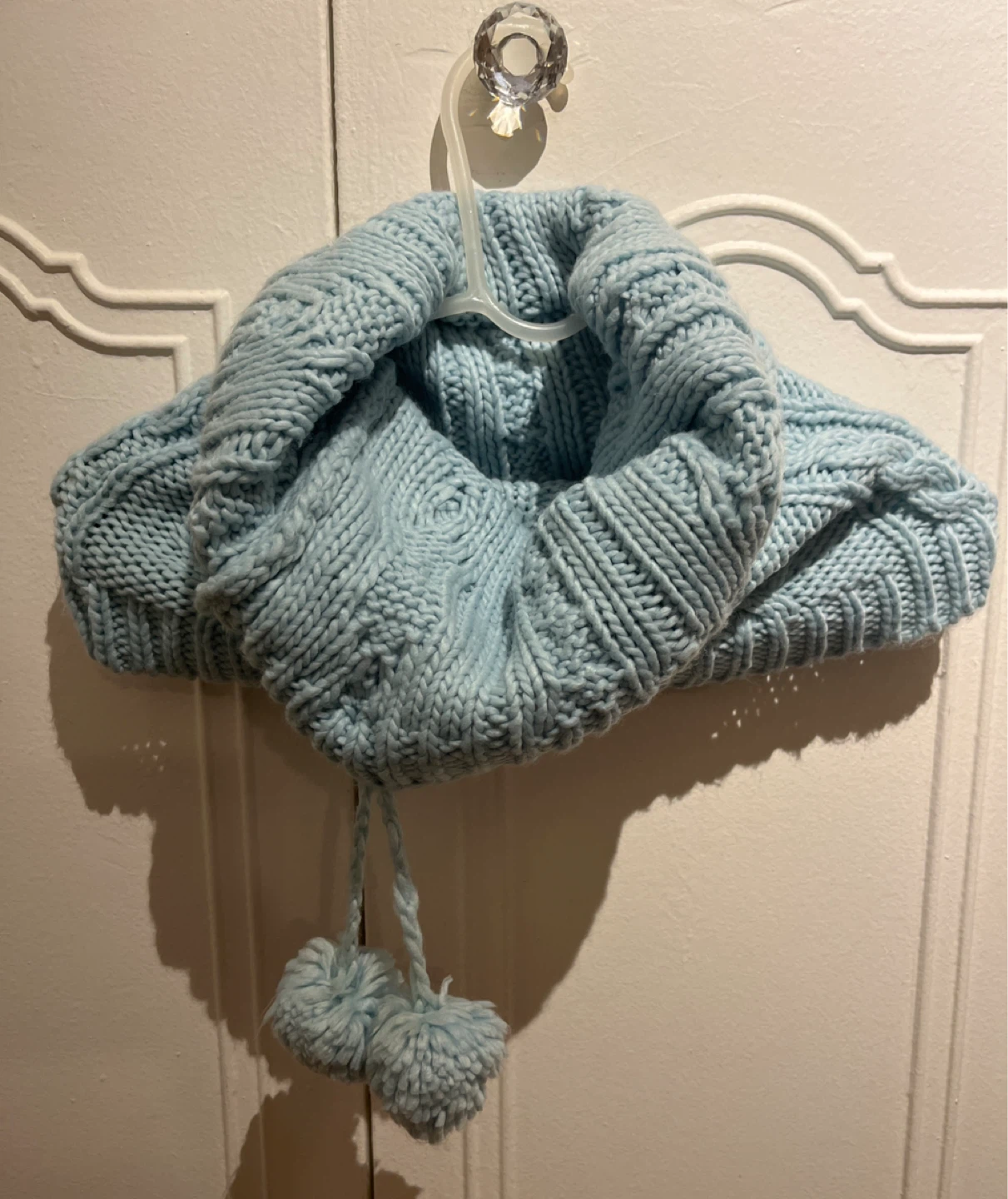 Light Blue Cable Knit Neck Warmer Cowl with Pom Poms - photo 2