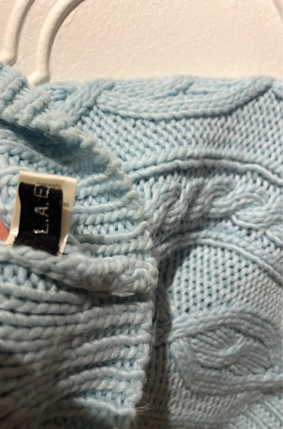 Light Blue Cable Knit Neck Warmer Cowl with Pom Poms - photo 3