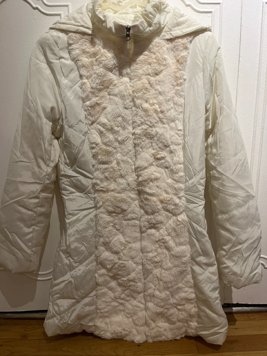 Cream Puffer Coat with Faux Fur