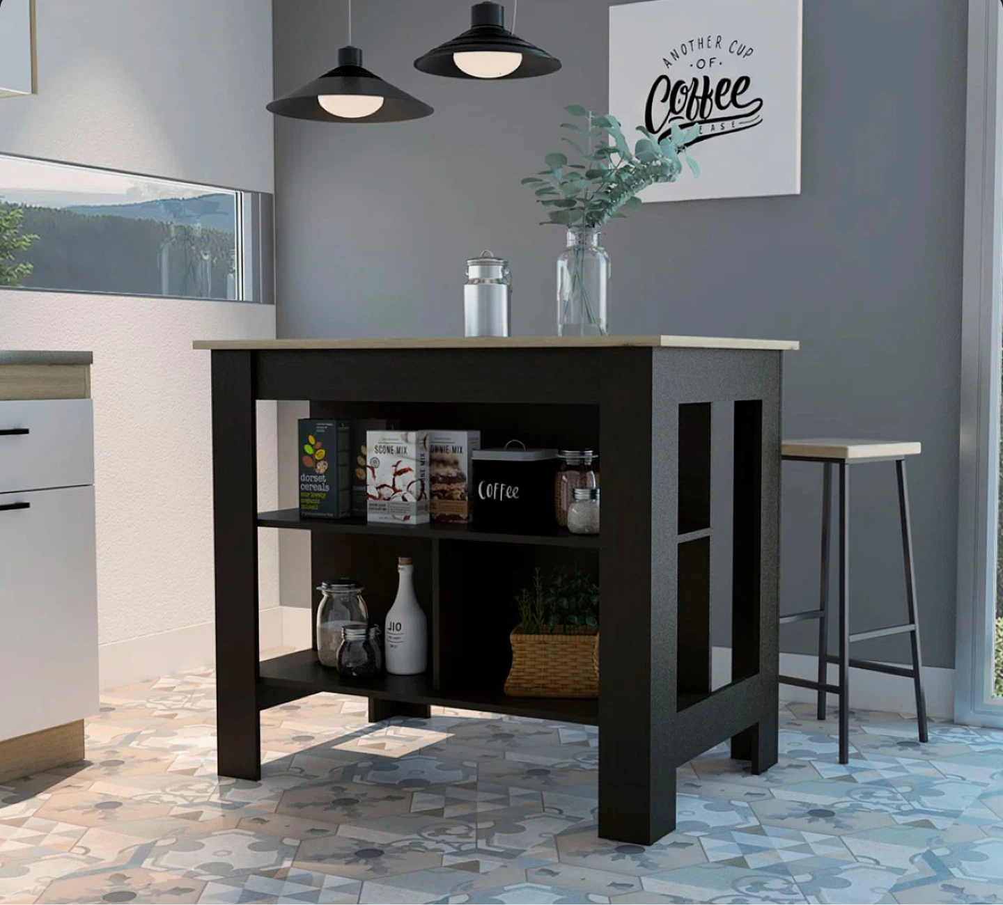 Black and Wood Kitchen Island with Shelving - photo 4