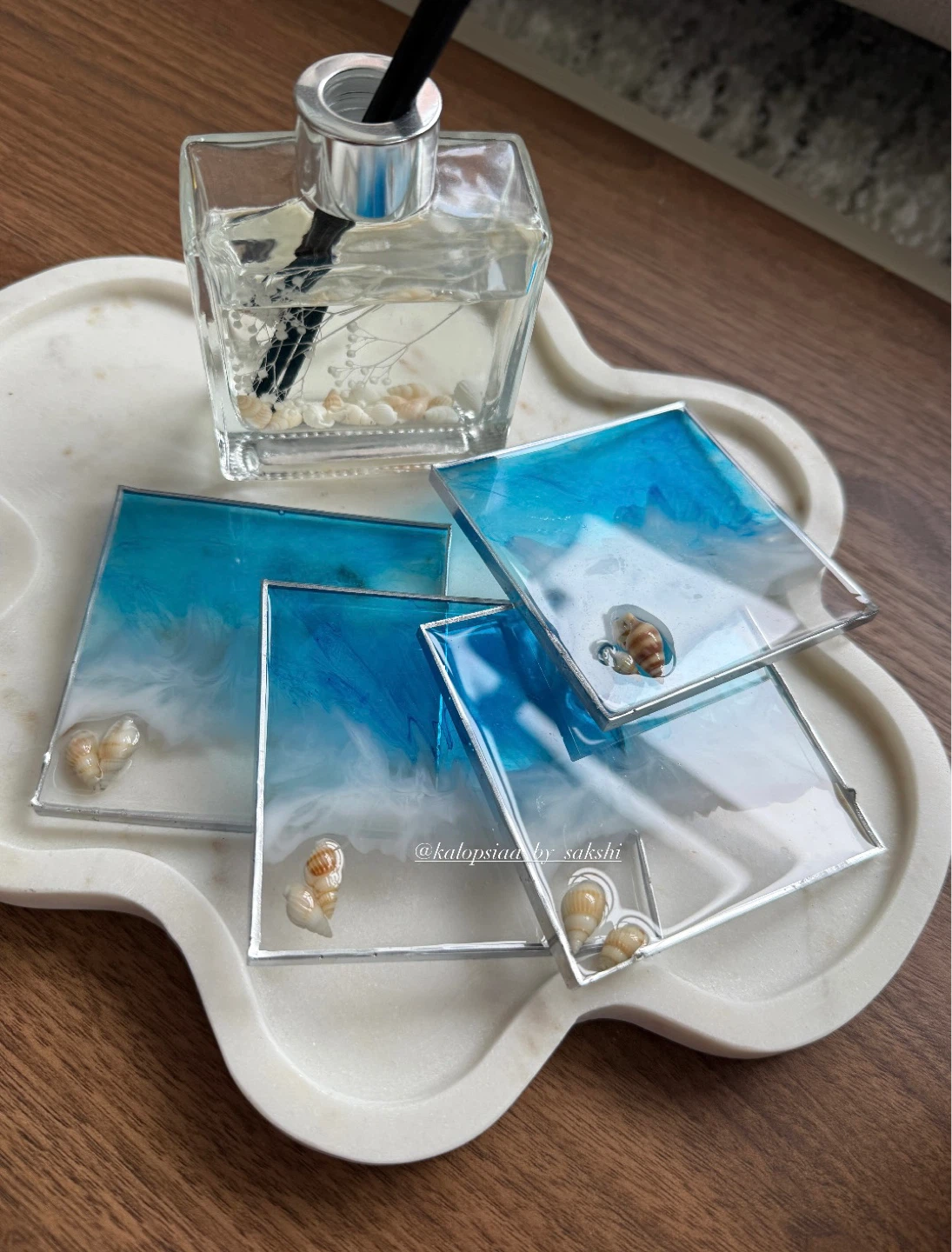 Set of 4 Ocean Wave Resin Coasters with Shells
