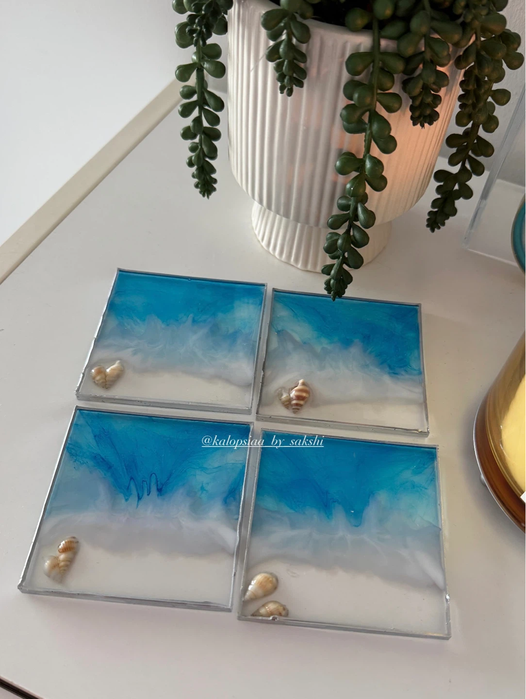 Set of 4 Ocean Wave Resin Coasters with Shells - photo 3