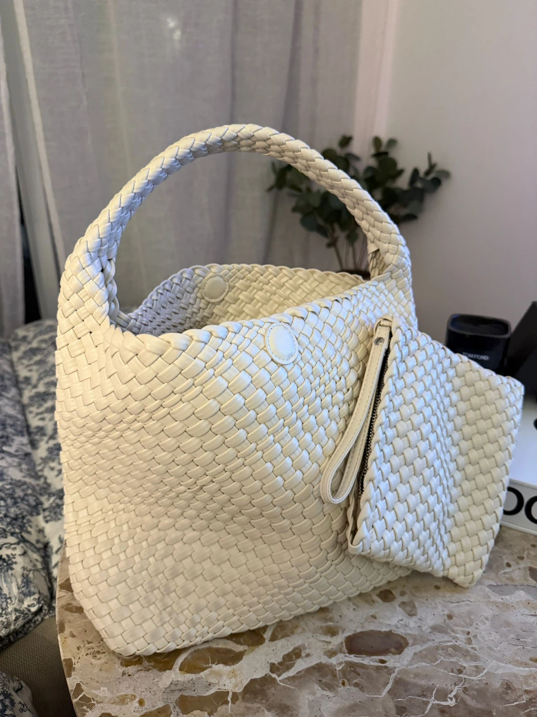 Vegan Leather Woven Handbag with Matching Pouch - photo 2