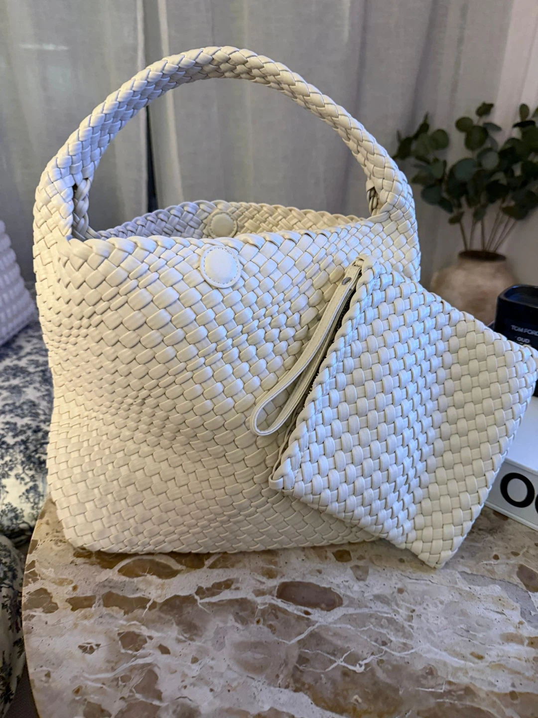Vegan Leather Woven Handbag with Matching Pouch
