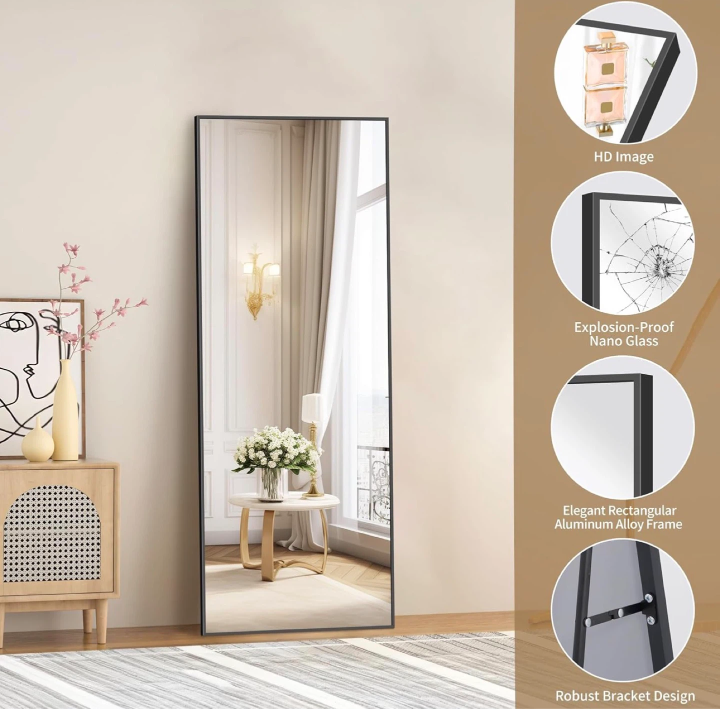 Full Length Standing Mirror 64" x 21" Black Aluminum Alloy Frame
