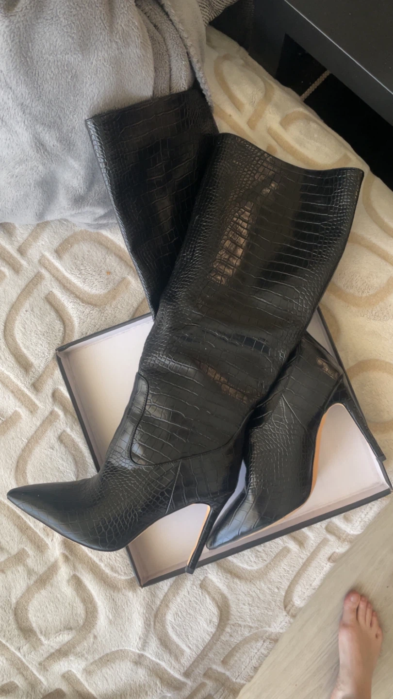 Black Crocodile Embossed Stiletto Heel Boots