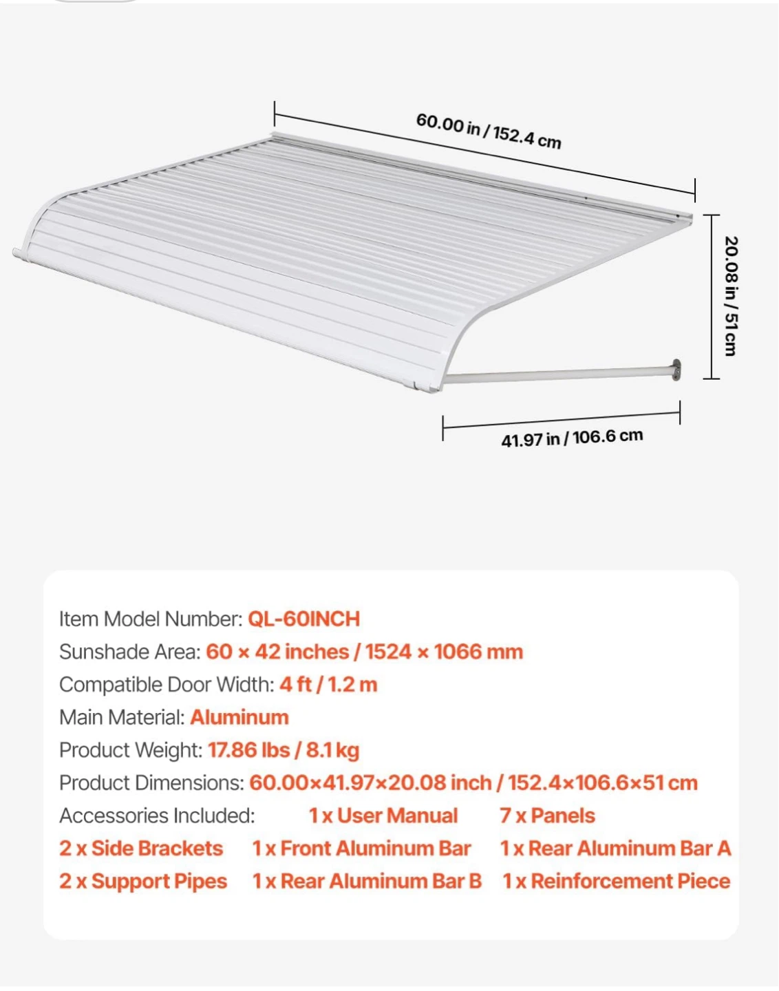 Vevor Metal Door Awning 60" x 42"