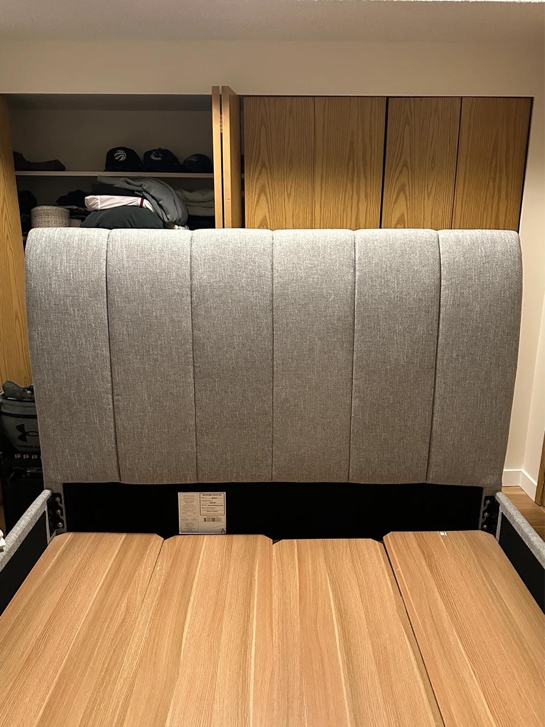 Grey Upholstered Queen Bed Frame with Wooden Slats - photo 2
