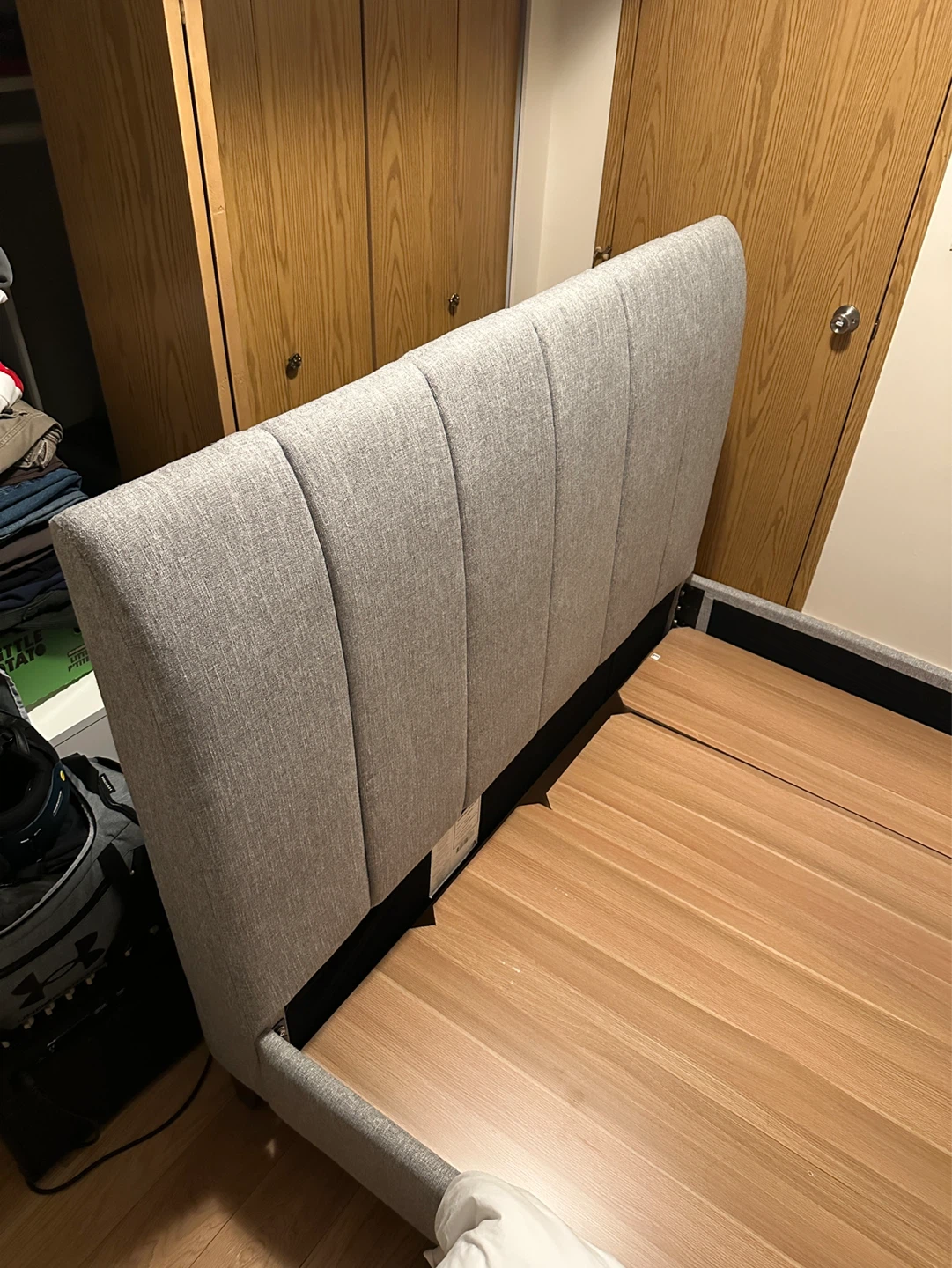 Grey Upholstered Queen Bed Frame with Wooden Slats - photo 3