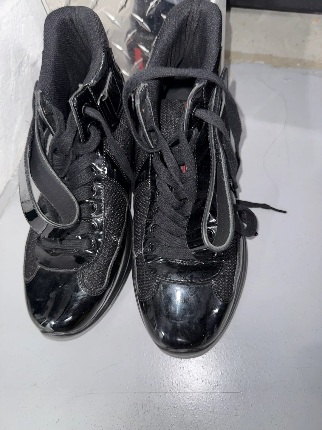 Prada Black Patent Leather & Mesh High-Top Sneakers - photo 2