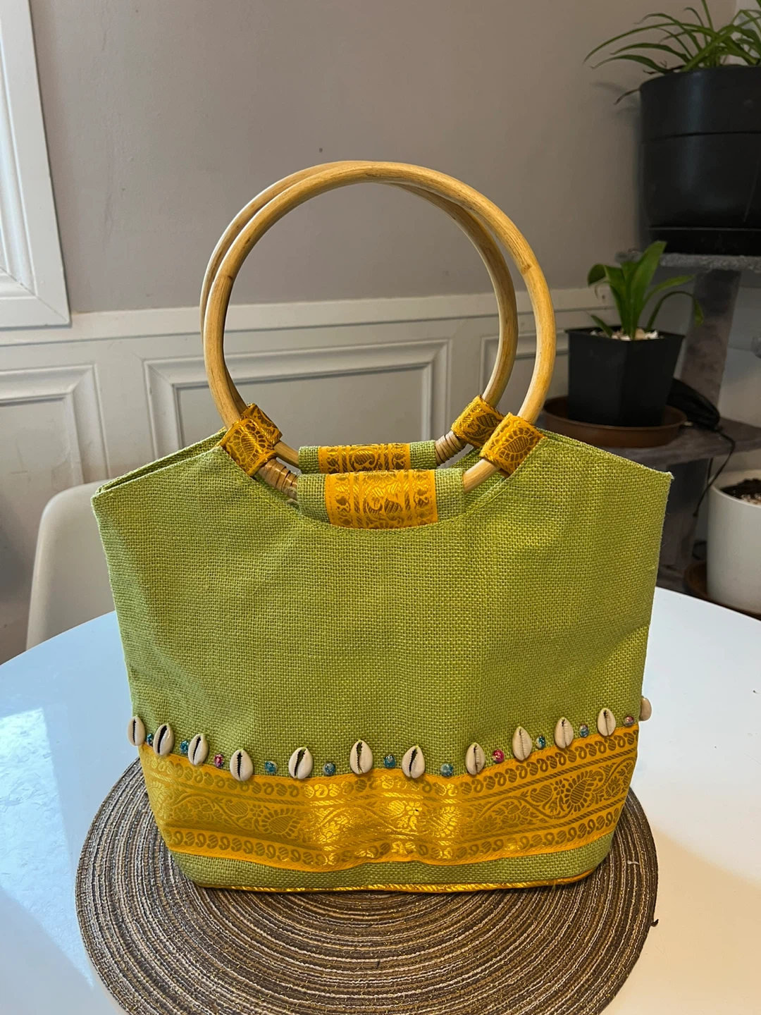 Green Jute Tote Bag with Bamboo Handles and Shell Embellishments