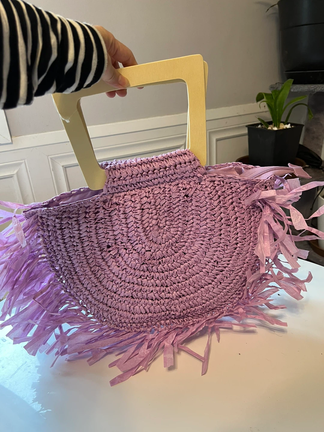 Lavender Straw Tote Bag with Fringed Trim and Wood Handles